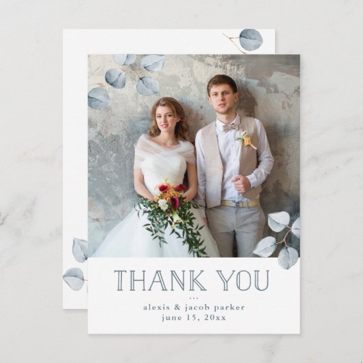 ユーカリのシンプル|の結婚の写真は感謝していしています 案内ポストカード (正面/裏面)