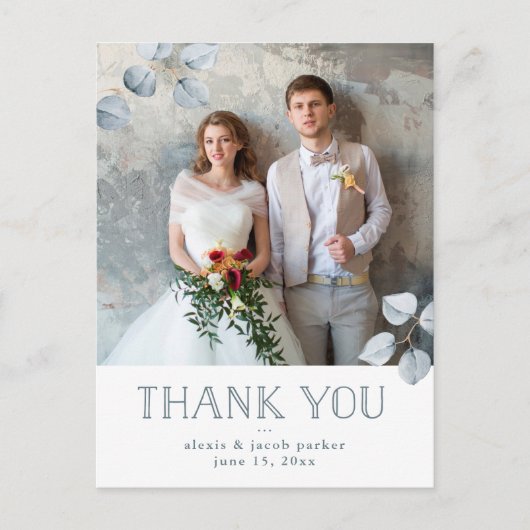 ユーカリのシンプル|の結婚の写真は感謝していしています 案内ポストカード (正面)