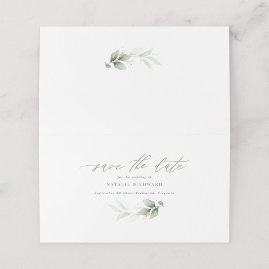 ユーカリのセージ緑の金ゴールド結婚式の日付pを保存 プレイスカード (外部開封)