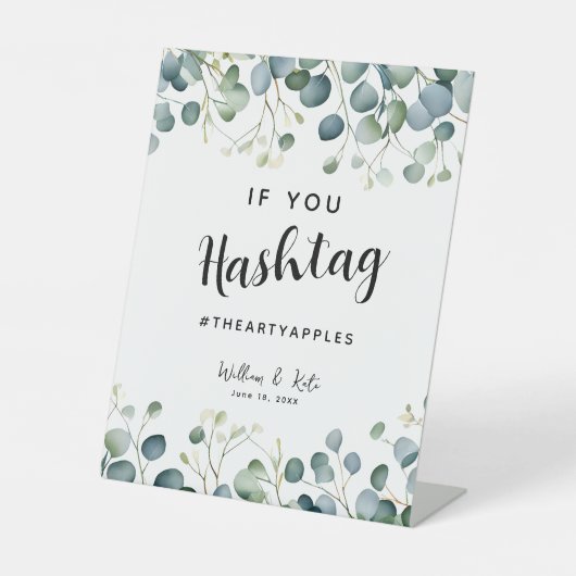 ユーカリのソーシャルメディア結婚式パーティーのハッシュタグ 台座サイン (正面)
