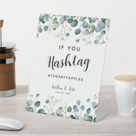 ユーカリのソーシャルメディア結婚式パーティーのハッシュタグ 台座サイン (インサイチュ)