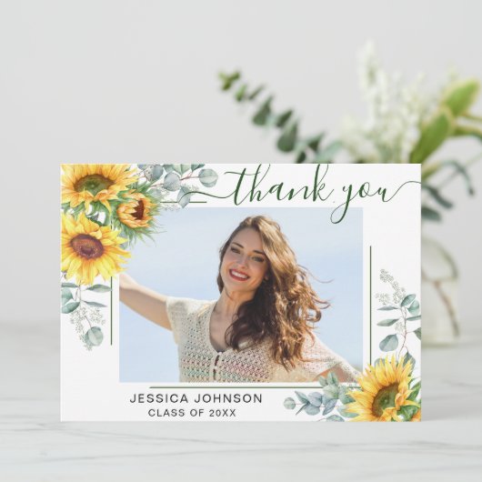 ユーカリのヒマワリ素朴写真卒業  サンキューカード (スタンド正面)