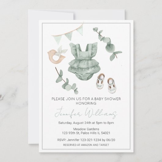 ユーカリのベビーガールの服シャワーの招待状 招待状 (正面)
