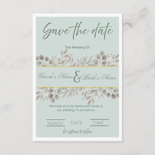 ユーカリのボタニカルな"Save the Date" ウェディング 招待状 (正面)