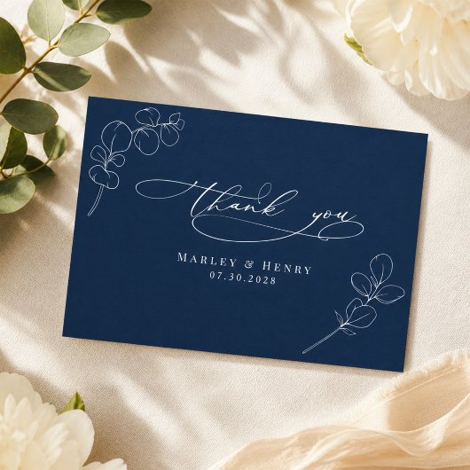 ユーカリのボタニカル柄 ネイビーブルーの結婚式 サンキューカード