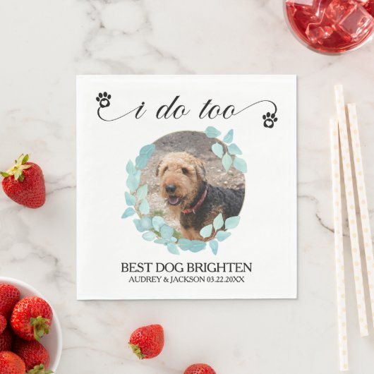 ユーカリのリースの犬の写真の結婚式 スタンダードランチョンナプキン (インサイチュ)