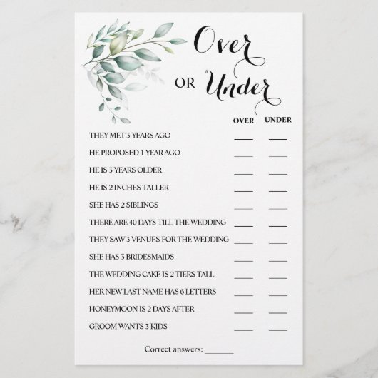 ユーカリの上または下のカップルのシャワーゲームカード チラシ (正面)