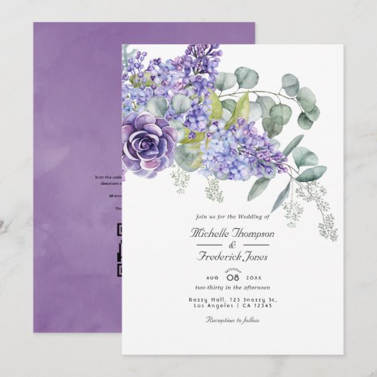 ユーカリの多肉植物QRコード招待状 結婚式の案内 招待状 (正面/裏面)