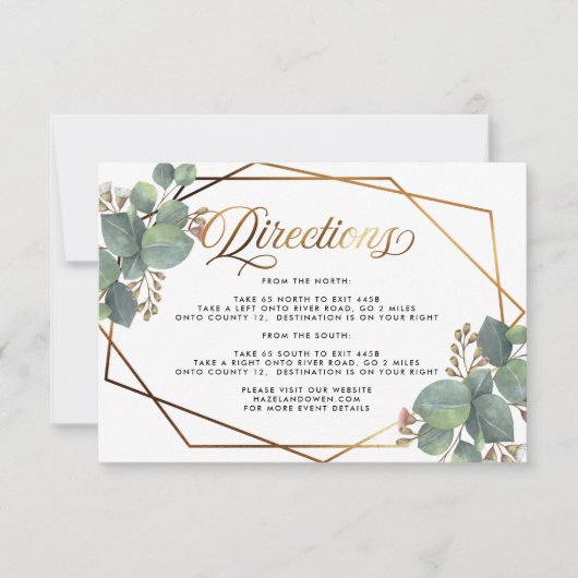 ユーカリの幾何学的なフレーム ゴールドの結婚式の詳細 招待状 (正面)