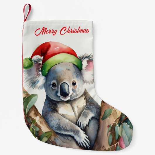 ユーカリの木に座っているメリークリスマスコアラ スモールクリスマスストッキング (正面)