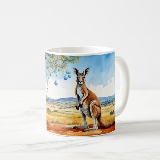 ユーカリの木の下のクリスマスカンガルー(飾り玉付き) コーヒーマグカップ (正面右)