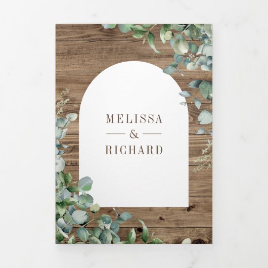 ユーカリの木の十字架は一つのカトリックの結婚中 三つ折り招待状 (カバー)