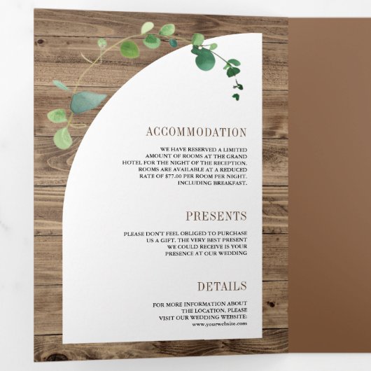 ユーカリの木の十字架は一つのカトリックの結婚中 三つ折り招待状 (内部最初)