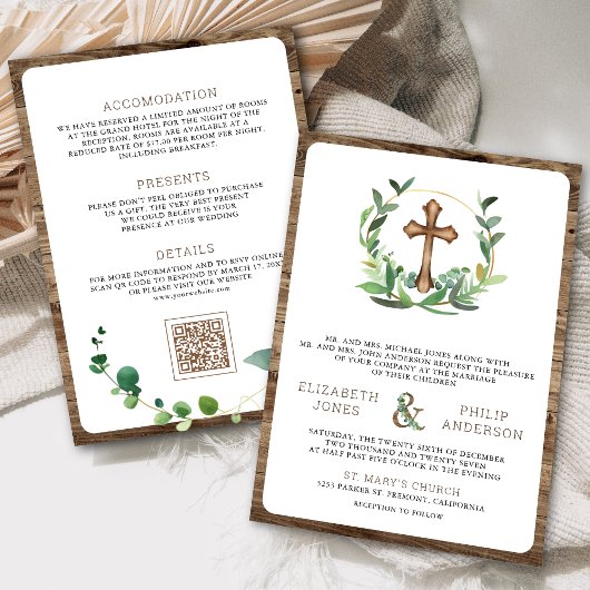 ユーカリの木の十字架は一つのカトリックの結婚中 招待状
