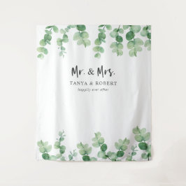 ユーカリの木の結婚式バックドロップ 新婦 新郎 タペストリー