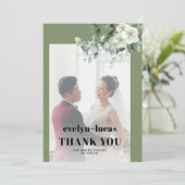 ユーカリの枝と白い花の写真結婚の サンキューカード (スタンド正面)