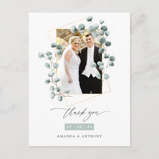 ユーカリの森の幾何学的な結婚式のお礼 ポストカード (正面)