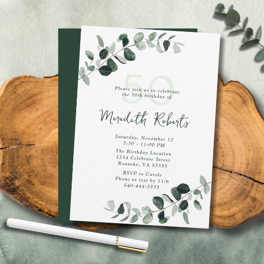 ユーカリの植物グリーン 50歳の誕生日 招待状