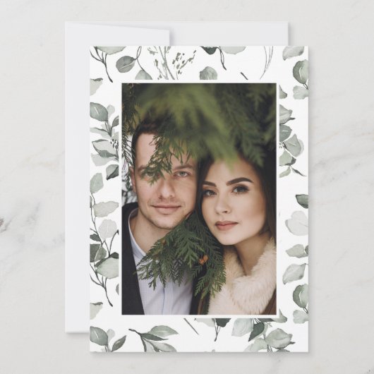 ユーカリの植物学的なエレガントな写真シンプルな結婚式 セーブザデート (裏面)