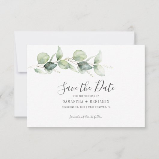 ユーカリの植物学的な葉の結婚式のSave the Date (正面)