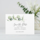 ユーカリの植物学的な葉の結婚式のSave the Date (スタンド正面)