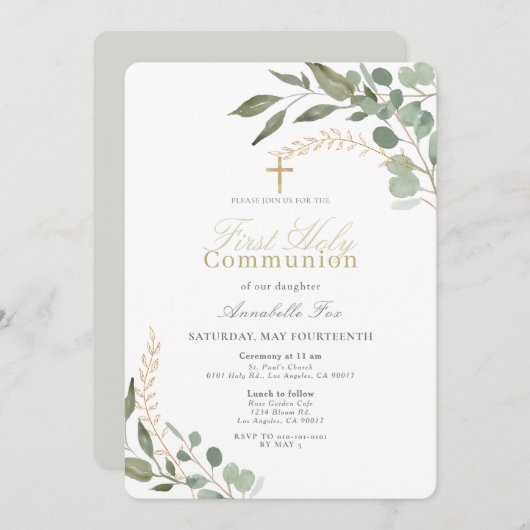 ユーカリの水の色の最初の聖餐式 招待状 (正面/裏面)