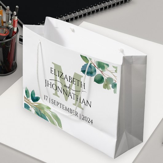 ユーカリの水の色の緑のモノグラム結婚の ラージペーパーバッグ