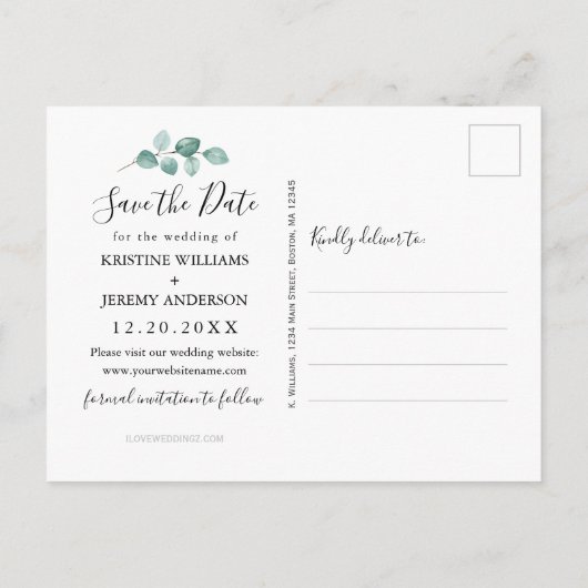 ユーカリの水の色の緑の写真日付を保存 案内ポストカード (裏面)