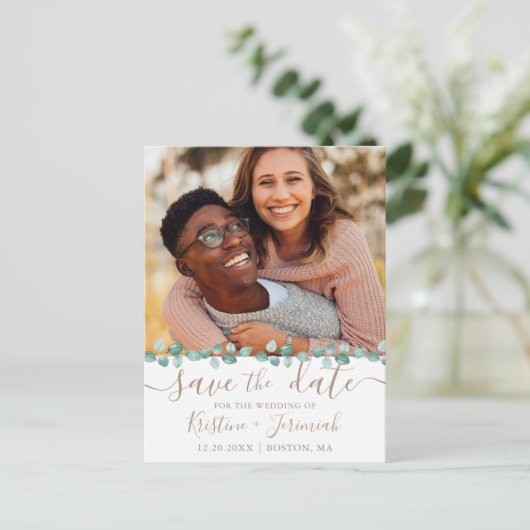 ユーカリの水の色の緑の写真日付を保存 案内ポストカード (スタンド正面)