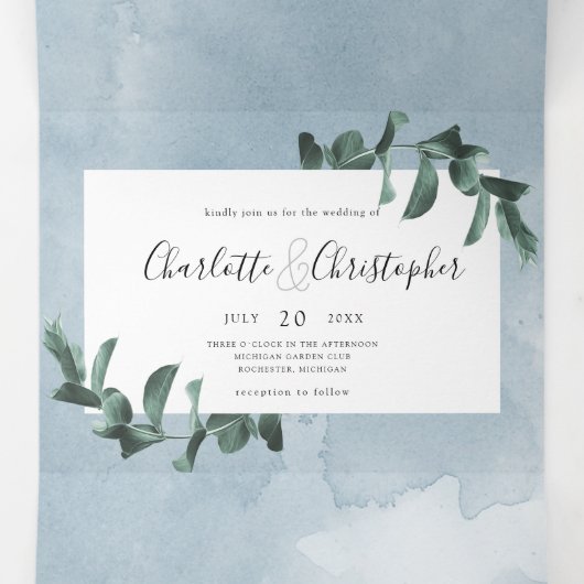 ユーカリの水の色はすべて結婚青い 三つ折り招待状 (内部中)