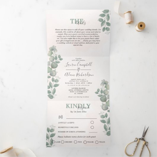 ユーカリの水の色オールインワン結婚ズ 三つ折り招待状 (内部)