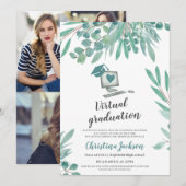 ユーカリの水彩画を使った仮想卒業式のキャップ写真 招待状 (正面/裏面)