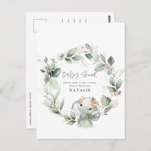 ユーカリの水彩葉の赤ちゃんシャワー ポストカード (正面/裏面)