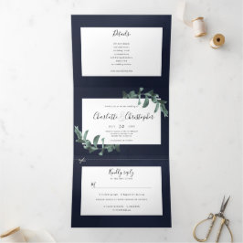 ユーカリの水色のネイビー結婚ブルー 三つ折り招待状