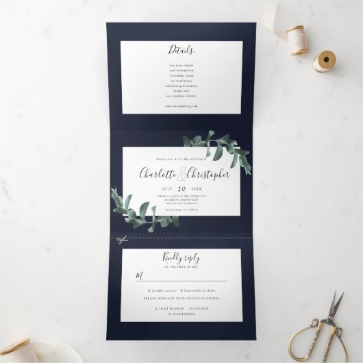 ユーカリの水色のネイビー結婚ブルー 三つ折り招待状 (内部)