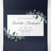 ユーカリの水色のネイビー結婚ブルー 三つ折り招待状 (内部中)