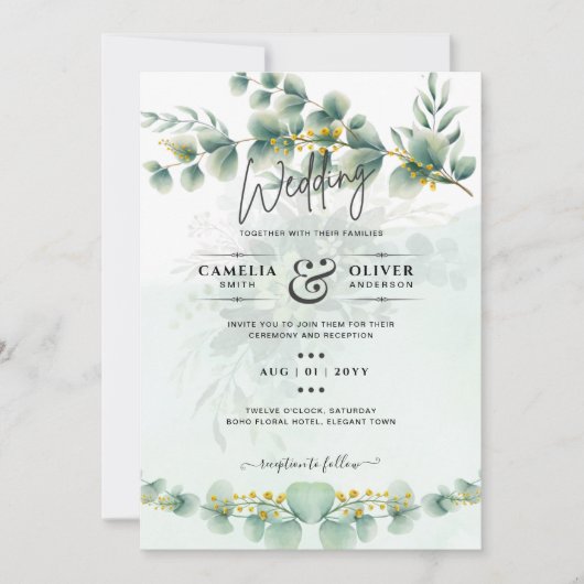 ユーカリの結婚式招待状 モダンなグリーン ゴールド 招待状 (正面)