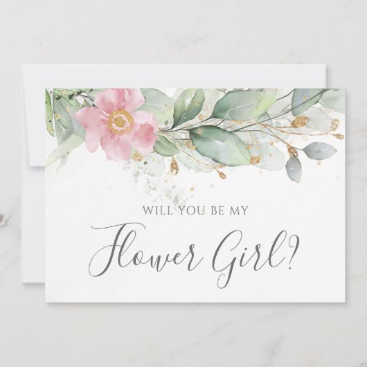 ユーカリの緑が私の花の女の子になる 招待状 (正面)