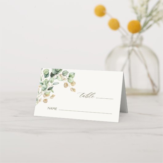 ユーカリの緑と金ゴールド結婚の写真を折り畳み プレイスカード (正面)