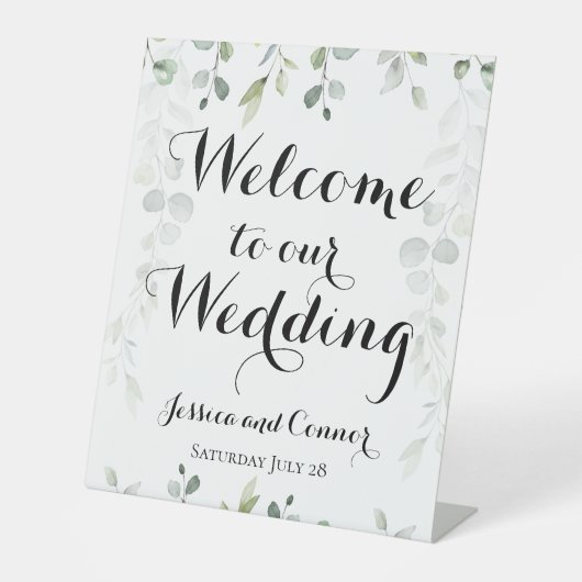 ユーカリの緑のつる植物は私たちの結婚の 台座サイン (正面)