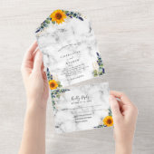 ユーカリの緑のひまわり結婚大理石 オールインワン招待状 (貼ってはがせる)