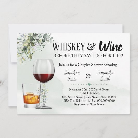 ユーカリの緑のウイスキー&ワインカップルのシャワー 招待状 (正面)
