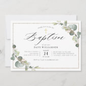 ユーカリの緑のエレガント枠の洗礼 招待状 (正面)