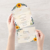 ユーカリの緑のヒマワリ結婚は黄金 オールインワン招待状 (貼ってはがせる)