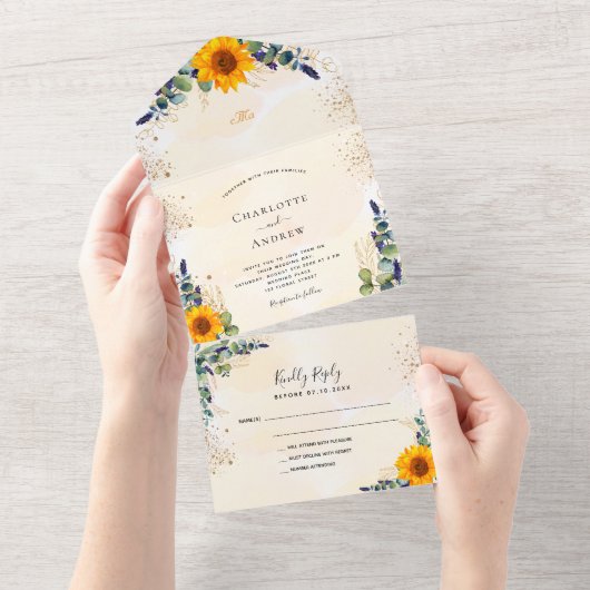 ユーカリの緑のヒマワリ結婚は黄金 オールインワン招待状 (貼ってはがせる)