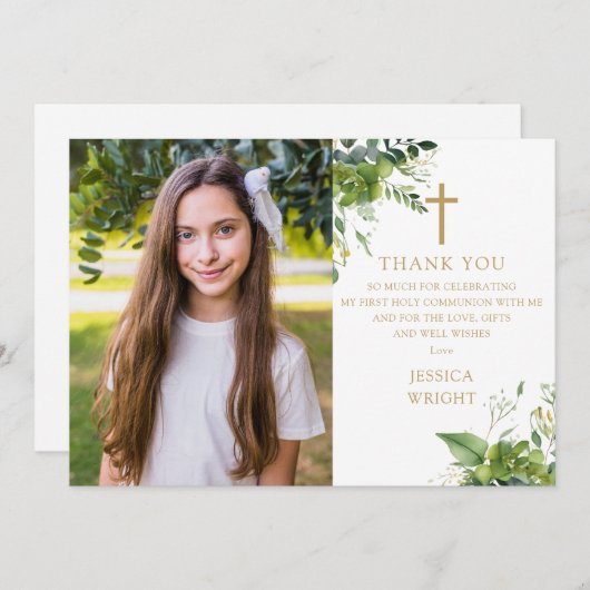 ユーカリの緑の写真最初の聖餐式 サンキューカード (正面/裏面)