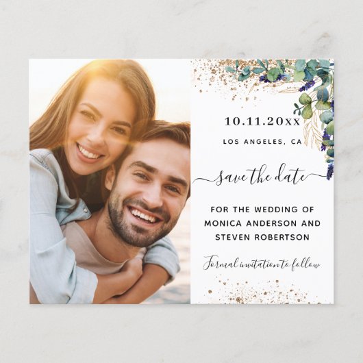 ユーカリの緑の写真結婚式Save the Date (正面)