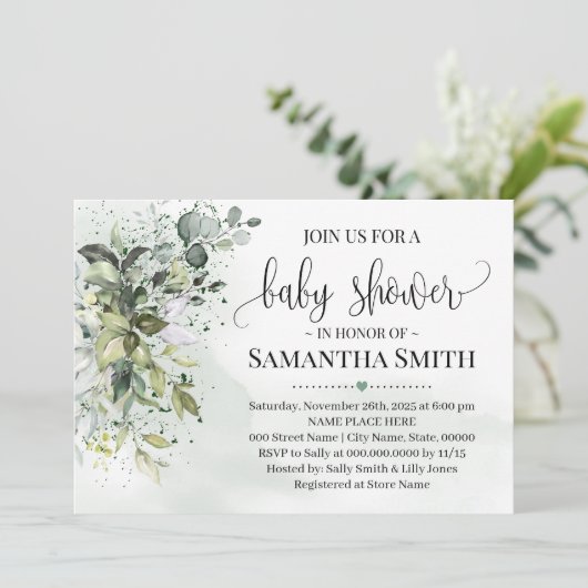 ユーカリの緑の塵の水の色の赤ちゃんシャワー 招待状 (スタンド正面)