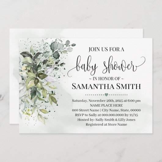 ユーカリの緑の塵の水の色の赤ちゃんシャワー 招待状 (正面/裏面)
