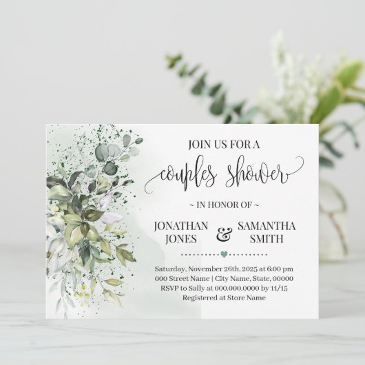 ユーカリの緑の多肉性カップルのシャワー 招待状 (スタンド正面)